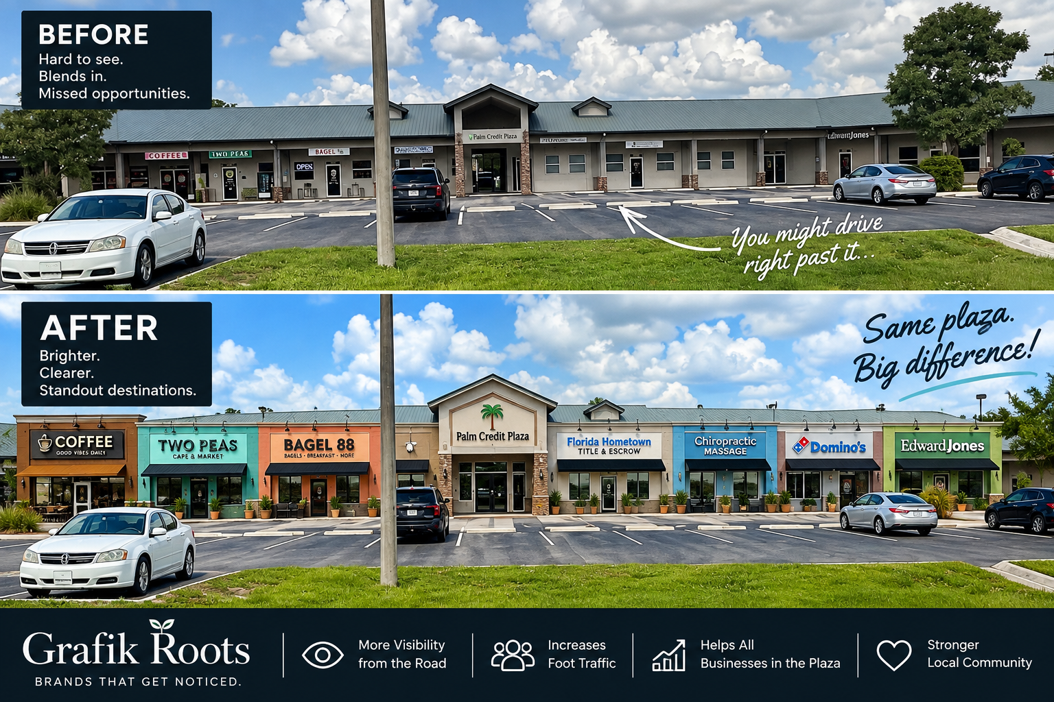 Grafik Roots plaza visibility concept showing the current storefront and a brighter possible design